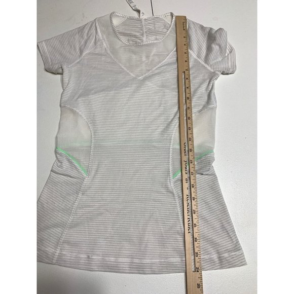 Lululemon Athletica Workout Mesh Shirt Short Sleeve Womens 4 White Green Striped - Picture 6 of 9